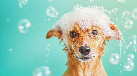 A soaked dog with its head full of soap, overflowing with bubbles floating on a pastel backgroundの素材
