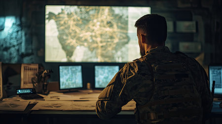 A soldier analyzing maps and screens in a modern war room, focusing on tactical operationsの素材