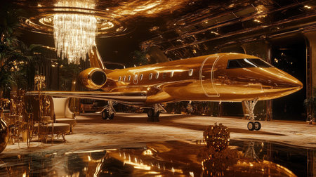 A stunning golden jet displayed in a lavish, luxurious interior during a nighttime event, highlighting the ultimate in glamorous designの素材
