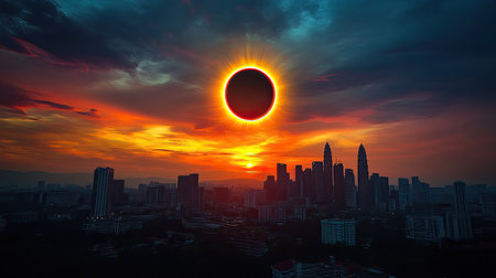A vivid and dramatic partial annular solar eclipse viewed over Kuala Lumpur, with striking colors illuminating the skyの素材