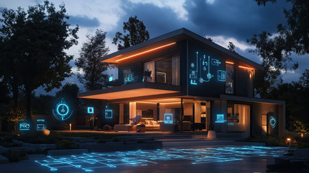 Dusk falls on a modern smart home, illuminated with digital connectivity symbols that emphasize the integration of advanced technologyの素材