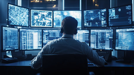 Advanced 911 call center with police officers managing emergency calls and monitoring digital screens. Ideal for law enforcement visuals.の素材