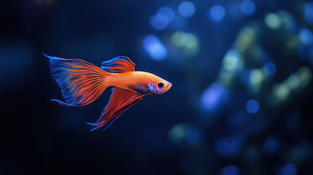 A vibrant fighting fish with flowing fins gracefully swims alone in a deep blue tank, its colors glowing brightly against the darkの素材