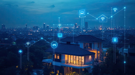 A smart home bathed in dusk light, surrounded by digital connectivity symbols, representing the future of home technologyの素材