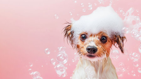 A soaked dog with its head full of soap, overflowing with bubbles floating on a pastel backgroundの素材