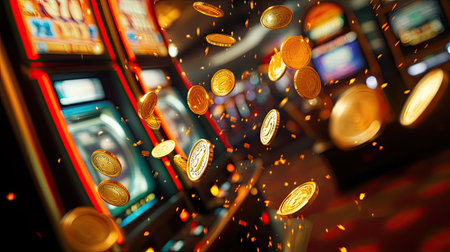 Coins burst out of a slot machine as it hits the jackpot, scattering across the casino floor in a thrilling display of luckの素材
