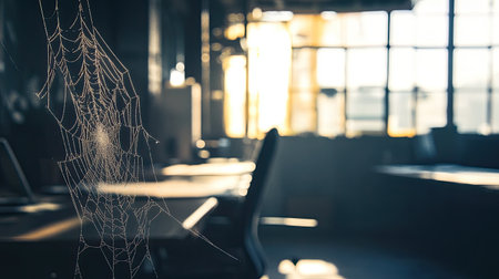 Deserted office with spider webs accumulating, symbolizing the effects of labor shortages and the difficulty of staffing skilled positionsの素材