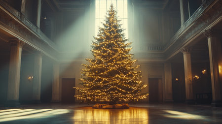 A majestic Christmas tree glowing with lights and festive decorations in a spacious room, with a large area of empty spaceの素材