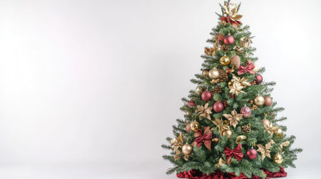 A stunning Christmas tree fully decorated with elegant ornaments and ribbons, positioned with a clean, white background providingの素材