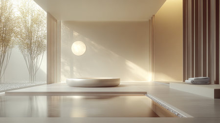 Elegant modern interior of a minimalist spa lounge, bathed in natural light and designed for relaxation and tranquilityの素材