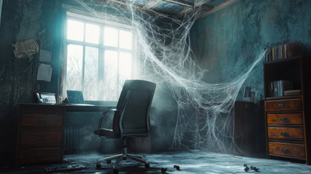 A vacant office, dust settling and spider webs growing, symbolizes labor shortages and the absence of skilled staff in the workplaceの素材