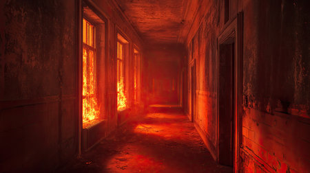 An abandoned buildinga corridor glows with fiery light, adding an air of mystery and intrigue to the scene during an eerie eveningの素材
