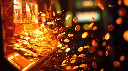 Slot machine jackpot explosion with coins pouring out, filling the casino floor with excitement and fortuneの素材