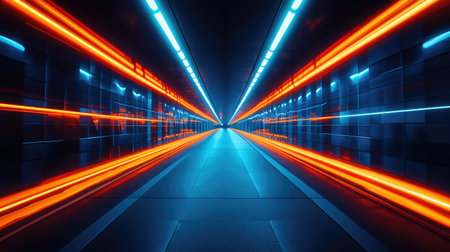 A tunnel illuminated by striking blue and orange colors, creating a visually dynamic and vibrant environment with bright lightsの素材