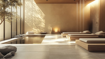Modern, minimalist spa lounge interior, featuring natural light and sleek design elements, perfect for a tranquil environmentの素材