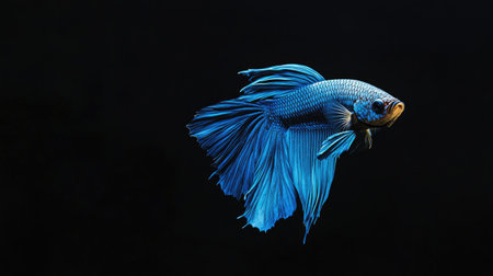 An electric blue Betta fish glides smoothly through the water, its vibrant fins highlighted against a black backgroundの素材