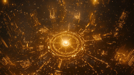 Circular city glowing with golden lights seen from above, with a radiant center and detailed architecture illuminated in the nightの素材