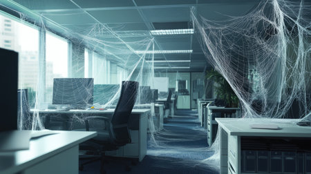 Empty office space filled with spider webs, representing a labor shortage and the lack of skilled employeesの素材