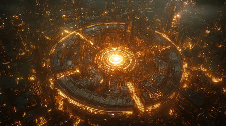 Circular city glowing with golden lights seen from above, with a radiant center and detailed architecture illuminated in the nightの素材