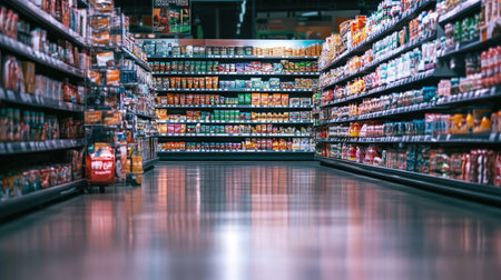 A well-lit supermarket aisle brimming with a diverse selection of products, illustrating the vast choices available to shoppersの素材