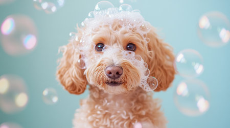 Cute dog with a head full of soap bubbles on a pastel background, creating a fun and clean atmosphere. Copy text spaceの素材