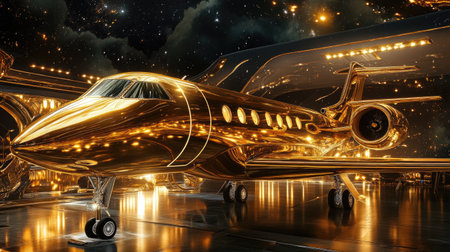 Gleaming golden jet set against a lavish interior backdrop, highlighted in a nighttime display, radiating luxury and sophisticationの素材