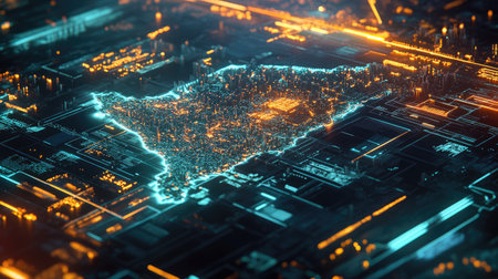 Digital rendering of North America with vibrant cityscapes and technological elements, glowing in a futuristic night sceneの素材