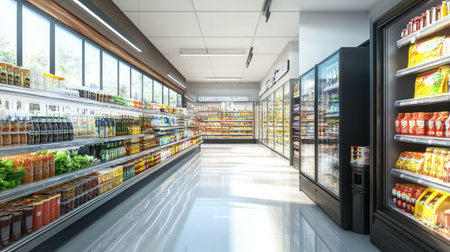 Supermarket's large refrigerated section, filled with a variety of goods in a bright and inviting aisle. Ideal for retail and food industry visualsの素材