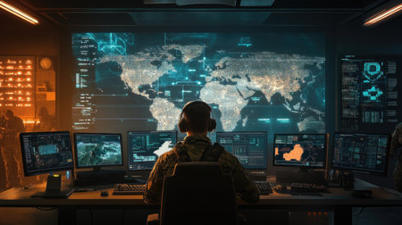 Modern war room with a soldier utilizing digital maps and screens for tactical planning. Perfect for defense and strategy-themed designsの素材