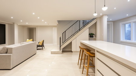 Spacious, beautifully renovated basement with a white countertop and a stylish staircase, designed to create a warmの素材