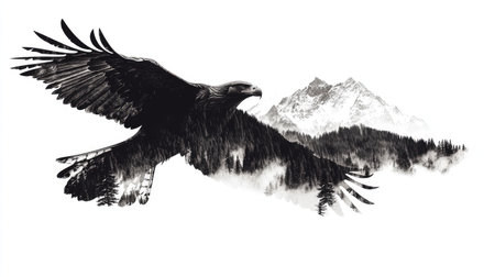 Silhouette of an eagle in flight with a double exposure of a rugged mountain landscape within its wingsの素材