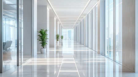 Sleek corridor with shiny polished floors and expansive windows, capturing the modern aestheticの素材