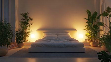 Minimalist bedroom with a large bed and indoor plants, illuminated by soft light, offering a peaceful and calming atmosphere.の素材