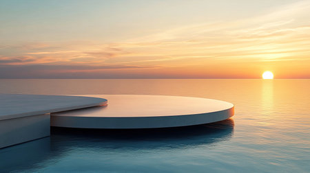 Tranquil modern architectural design with a circular platform over calm blue waters at sunset, evoking peace and serenityの素材