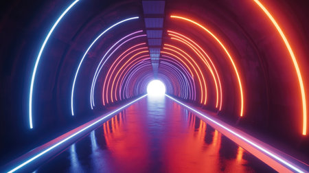 Orange and blue neon lights illuminate a tunnel, guiding the way towards a bright white light at the end, creating a dynamic pathの素材