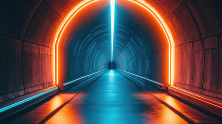 Orange and blue neon lights illuminate a tunnel, guiding the way towards a bright white light at the end, creating a dynamic pathの素材