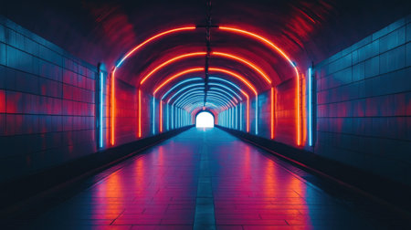 Vibrant tunnel with blue and orange neon lights, leading to a bright white light at the end,の素材