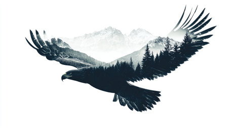 Silhouette of a flying eagle, with rugged mountains forming a double exposure within its wings, isolated on a white backgroundの素材