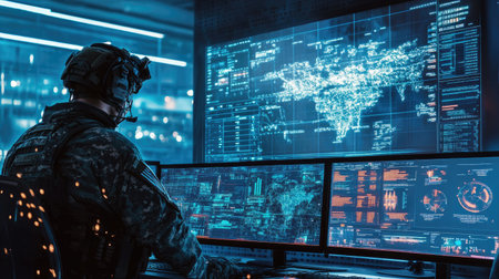 Tactical operations in a modern war room, featuring a soldier coordinating with digital maps and advanced technologyの素材