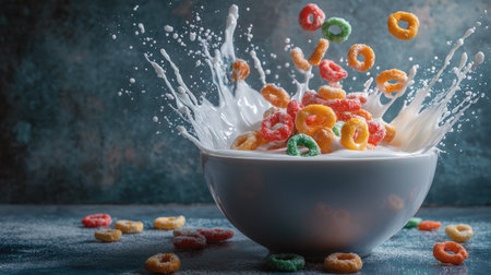 Vibrant cereal loops and milk splashing into a bowl, set on a smoky grey background. Perfect for food visuals with spaceの素材