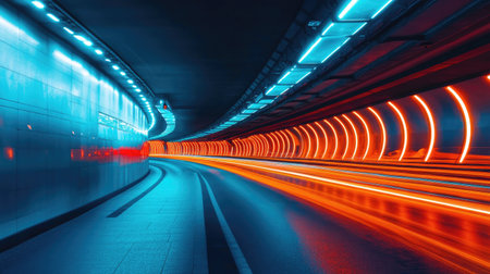 Tunnel glowing with striking blue and orange colors, illuminated by bright lights,の素材