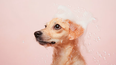 Soaked dog with soap bubbles in its fur, overflowing onto a pastel background. Playful,の素材