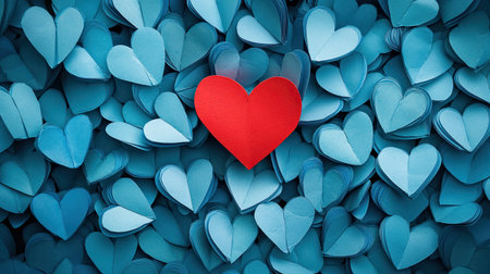 Heart standout: A red paper heart surrounded by an array of blue paper heartsの素材