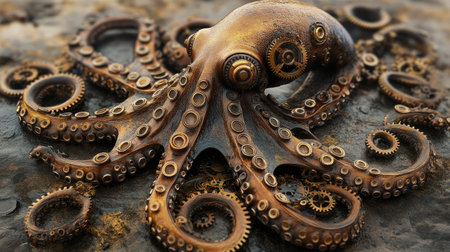 Industrial ocean: A steampunk octopus with brass gears and mechanical featuresの素材