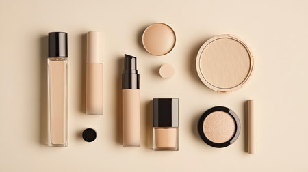 Minimalist elegance: A flat lay of various cosmetic products in monochrome beige tones, including a foundation bottleの素材