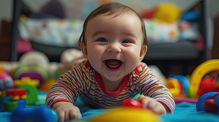 Playful giggles: A baby laughing heartily while playing with colorful toys, showcasing the joy and wonder of early childhoodの素材