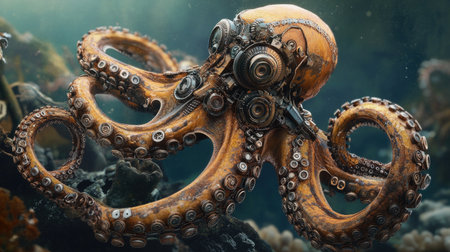 Cyborg sea creature: A steampunk-inspired octopus featuring intricate mechanical parts, set in a deep-sea environmentの素材