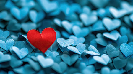 Spotlight on love: A red paper heart centrally placed among scattered blue hearts, drawing attention to the powerの素材