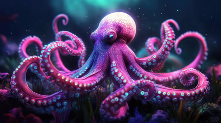Luminescent beauty: A surreal digital rendering of a pink octopus with glowing tentacles,の素材