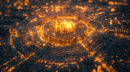 A city designed in a circular layout, glowing with golden lights from an aerial view, with the center shining brighter than the restの素材